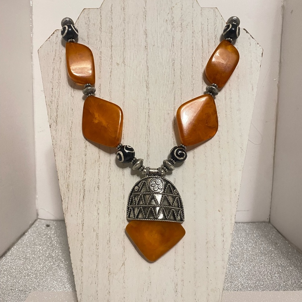 Orange and Silver Geometric Necklace - Picture 3 of 6